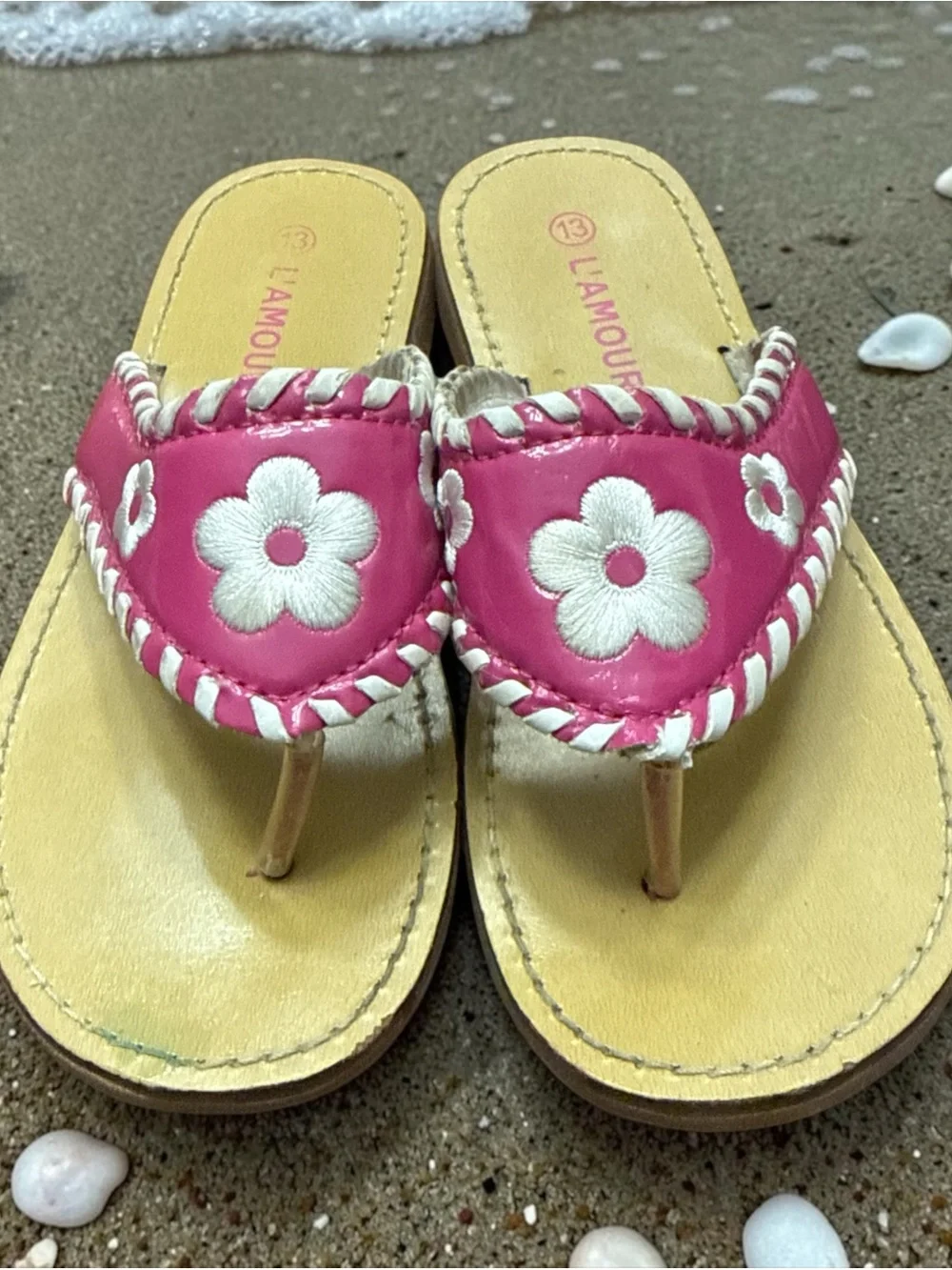 L'Amour Girls Pink Leather Whipstitch Floral Sandals Resort Preppy Size 13